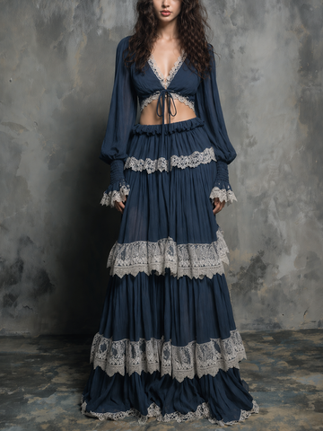 Women's Bohemian-Style Vintage Romantic Deep Navy Blue Lace-Trimmed Tiered Maxi Skirt And Cropped Top Set MDZ2220D5ZJW