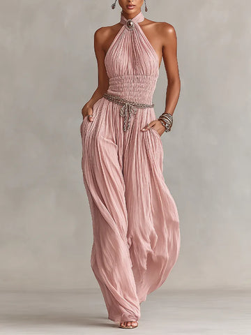 Women's Blush Pleated Jumpsuit With Halter Neck & Ruched Waist, Timeless Romantic-Elegant Style Jumpsuit (without Belt) MDZ1133B7I