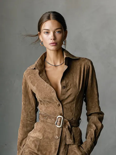 Women's Fashion Suede Single Breasted Lapel Long Sleeve Midi Dress MDA1867H7Y