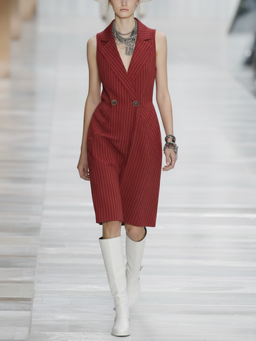 Women’s Fashionable Red And White Striped Turn-Down Collar V-Neck Slim Waist Sleeveless Mid-Length Dress With Metal Buttons MDZ1684D2GMJ