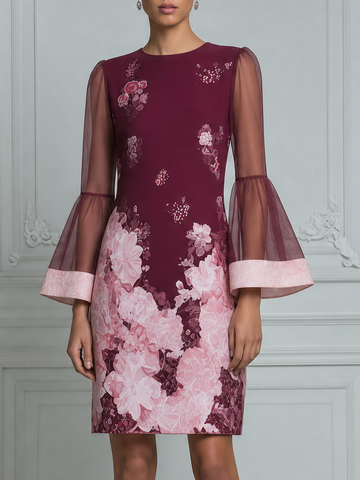 Burgundy Pink Floral Print Sheer Bell Sleeve Shift Mini Dress