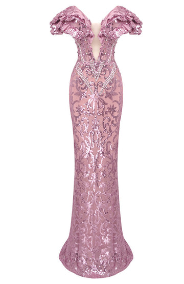 Ruffle Bardot Crystal Sequin Maxi Dress Pink