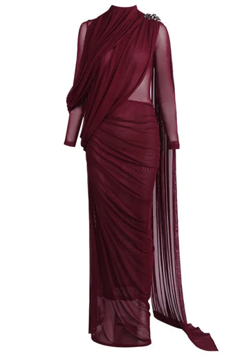 Long Sleeve Draped Mesh Maxi Dress Burgundy