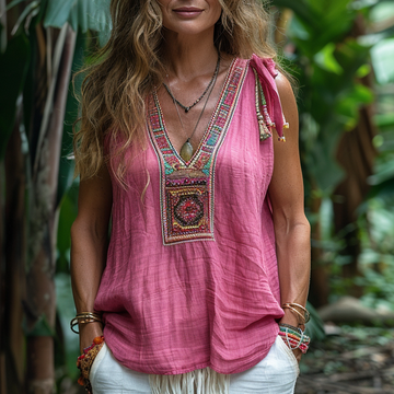 Retro Loose, Comfortable And Breathable Ethnic Style Linen V-neck Suspender Sleeveless Top