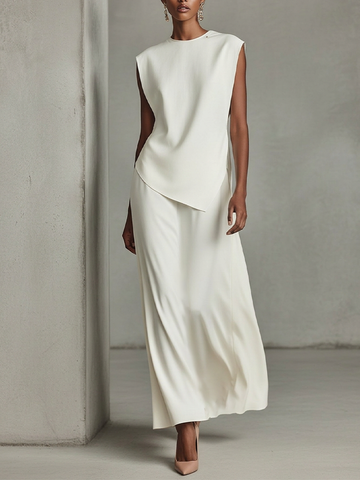 Women's Ivory Crepe Two-Piece Set With Asymmetric Tunic Top & Maxi Skirt, Timeless Minimalist-Chic Outfit MDZ2295D9LYL