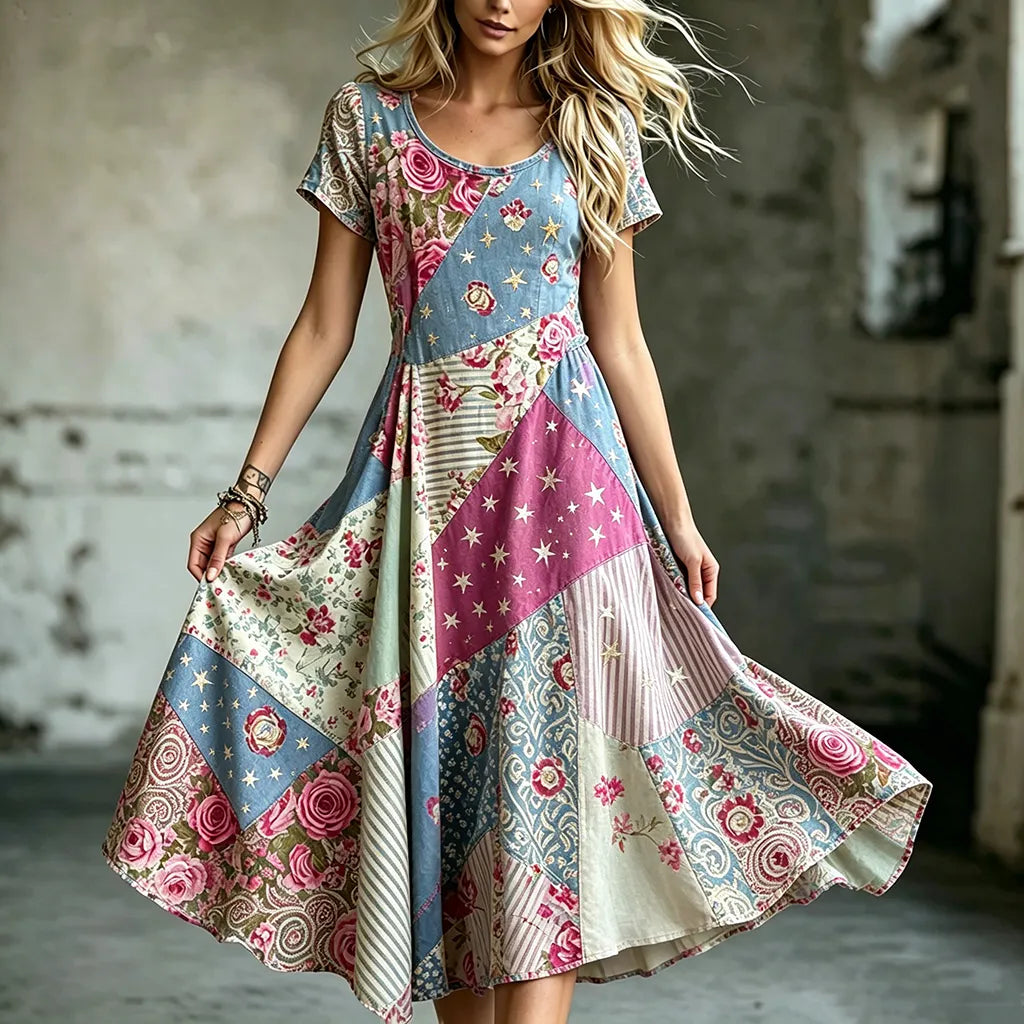 Women's Retro Bohemian Floral Irregular Round Neck Dress