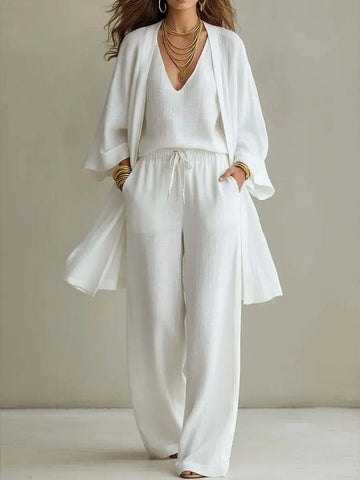 Solid Color Loose Cardigan And Drawstring Wide-leg Trousers Three-piece Set