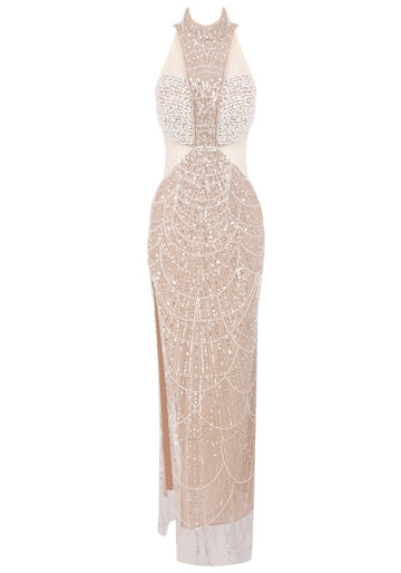 Halter Pearl Sequin Maxi Dress Nude