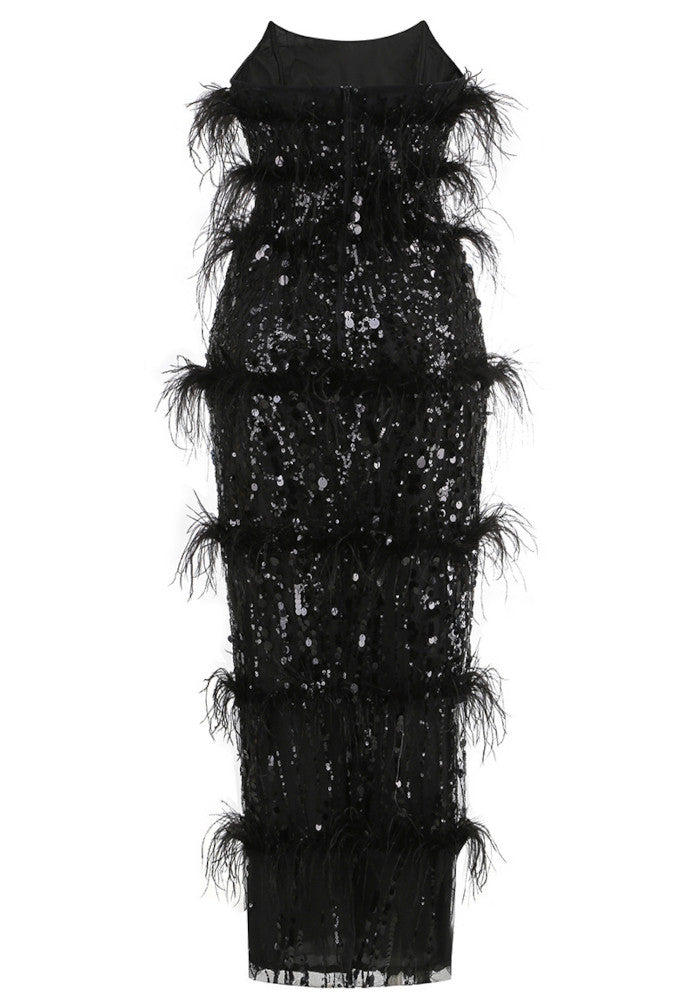 Strapless Feather Sequin Maxi Dress Black