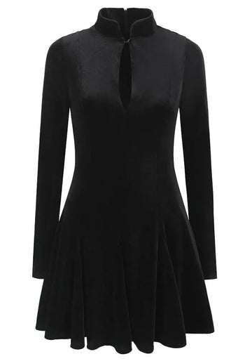 Long Sleeve A Line Velvet Dress Black