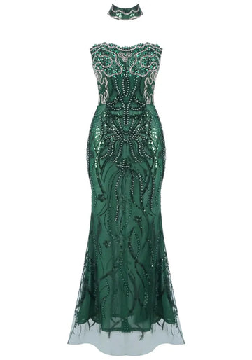 Strapless Embellished Choker Maxi Dress Green