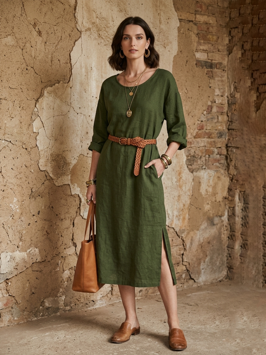 Women’s Casual Olive Green Linen-Cotton Round Neck Side Slit Straight Midi Dress MDZ2027D7GMJ