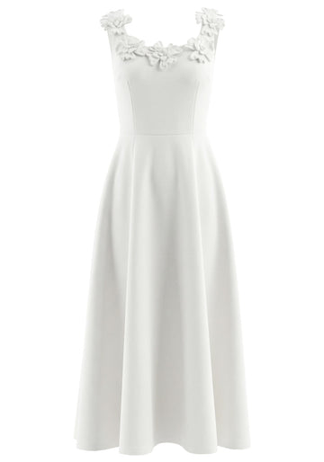 Floral Detail A Line Midi Dress White