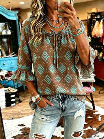 Women's Vintage Aztec Print Patchwork Chiffon Casual Shirt