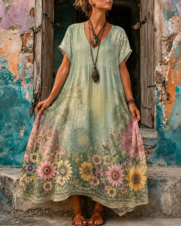 Women's Vacation Linen Floral Print V-Neck Short Sleeve Maxi Dress