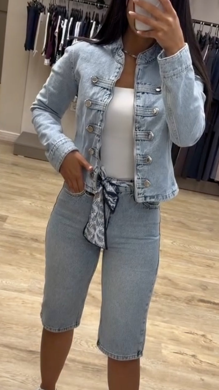 Military Style Denim Jacket & Capri Jeans Two Piece Set