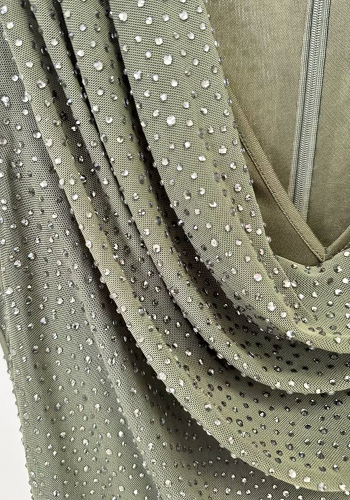 Draped Neckline Crystal Maxi Dress Green