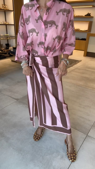 Tiger Print Shirt & Stripe Wrap Midi Skirt Two Piece Set
