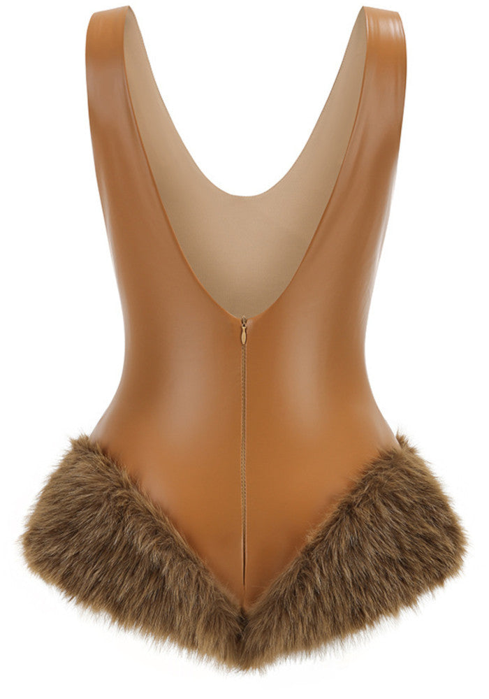 Fur Detail Bodysuit Brown