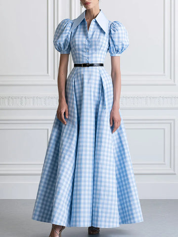 Gingham Check Puff Sleeve Maxi Shirt Dress with Belt