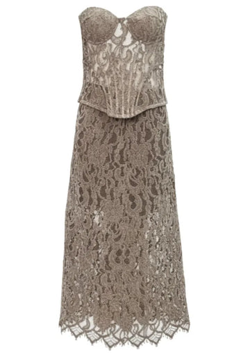 Strapless Crochet Corset Two Piece Midi Dress Brown