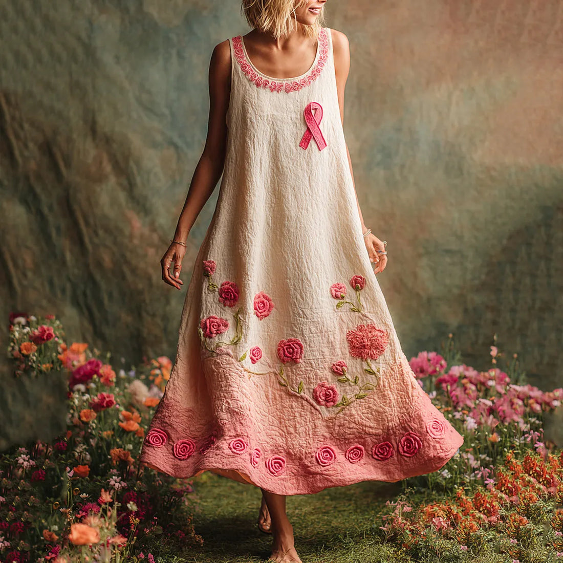 Pink Floral Embroidered Gradient Linen Tank Maxi Dress