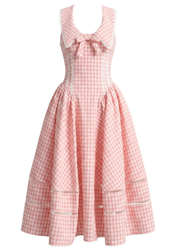 Gingham Corset A Line Midi Dress Pink
