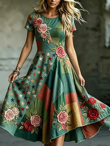 Women's Retro Bohemian Rose Irregular Casual Round Neck Dress