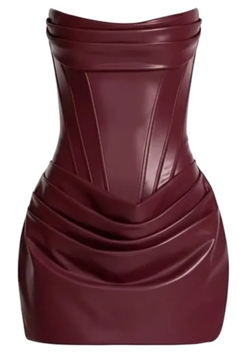 Strapless Draped Corset Faux Leather Dress Burgundy