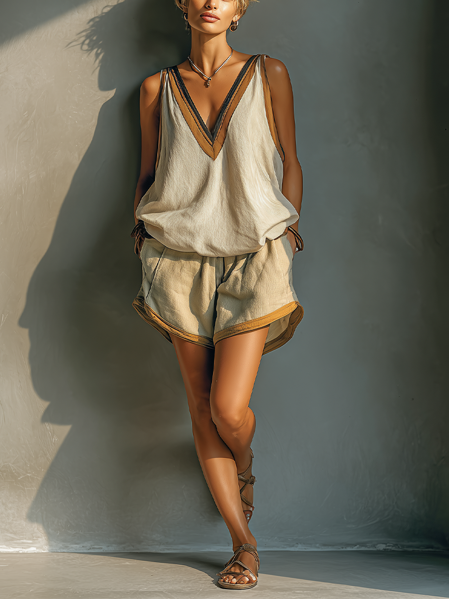 Women's Beige Linen-Blend Contrast Trim V-Neck Tank Top & Khaki Shorts Two-Piece Set MDZ2086C2T