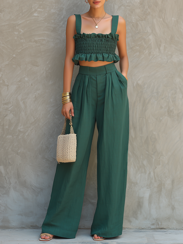 Women's Minimalist Blended Set: Sleeveless, Ruffled, Square-Neck Top & Wide-Leg Pants MDZ2555D7Y