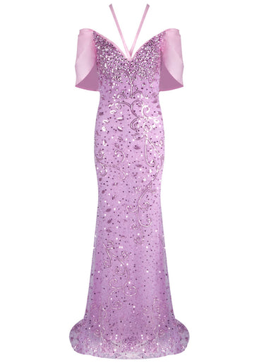 Halter Bardot Crystal Sequin Maxi Dress Pink