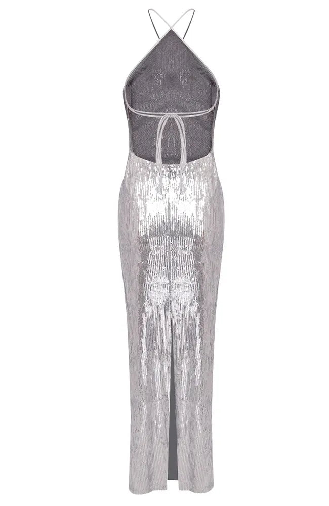 Halter Floral Sequin Maxi Dress Silver