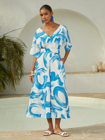 Satin Blue Brushstroke Print Maxi Dress Casual Vacation Travel