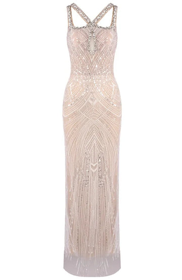 Crystal Pearl Sequin Maxi Dress Nude