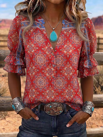 Vintage Art Print Comfortable Summer Fabrics Puff Sleeve Casual Shirt