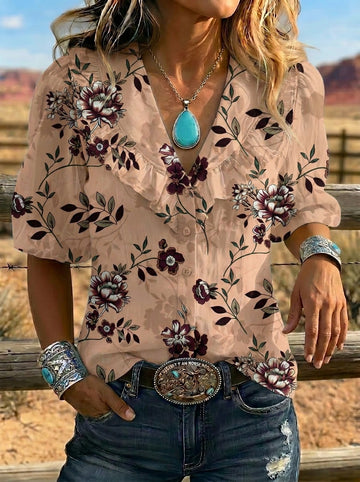 Women's Retro Floral Art Puff Sleeve Casual Shirt