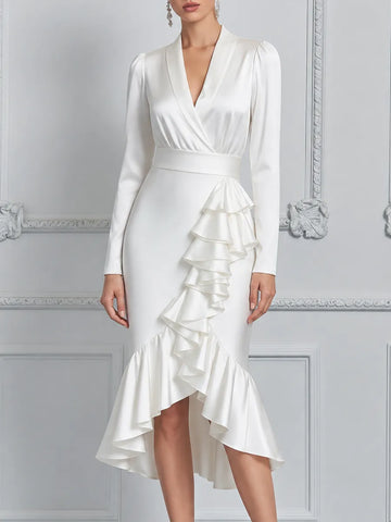 White Dress Fall Wedding Guest Dress Satin Wrap Ruffle Midi Dress