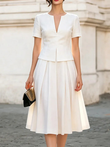 Women's Solid-color V-neck Short-sleeve Loose Casual Top & High-waisted A-line Skirt Set