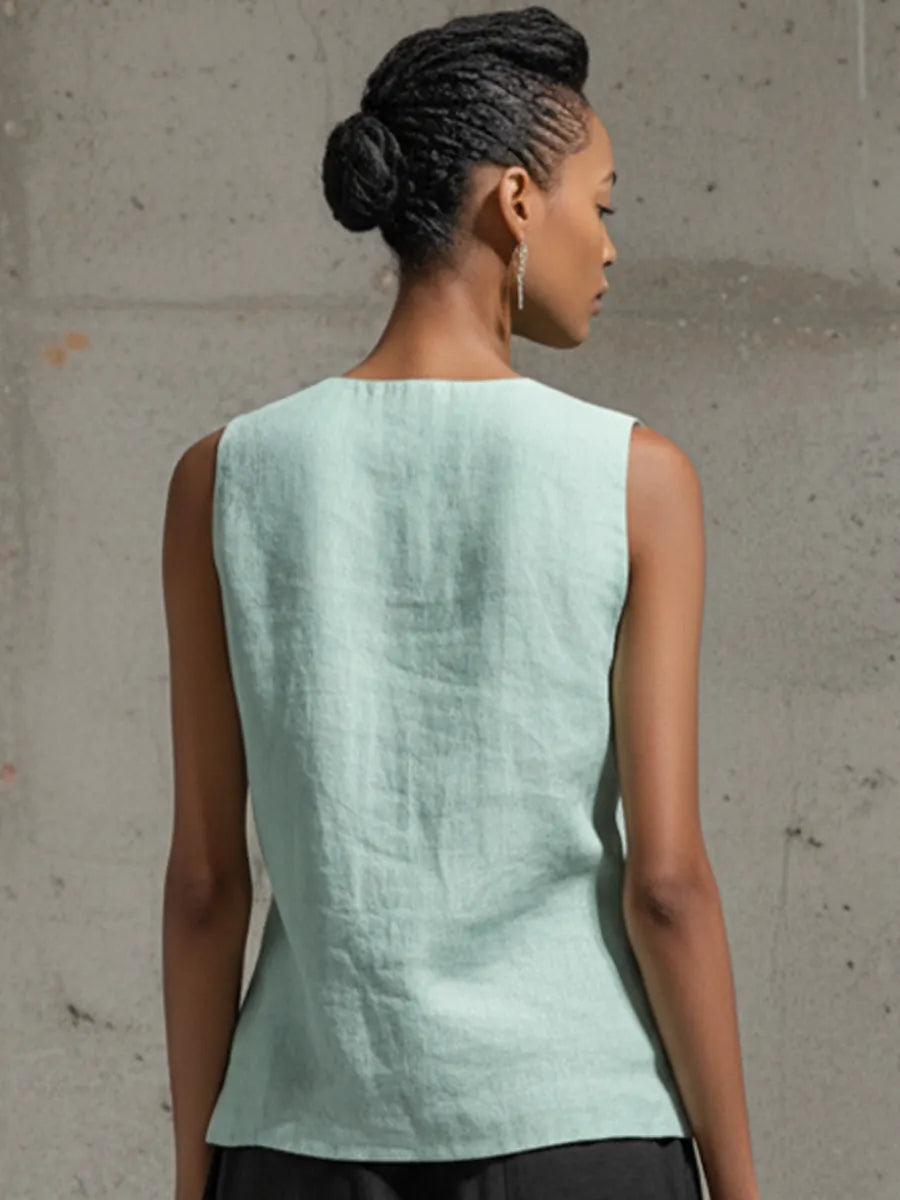 Women's Casual Mint Green Cotton Linen V-Neck Sleeveless Knotted Top MDZ1486D2GMJ