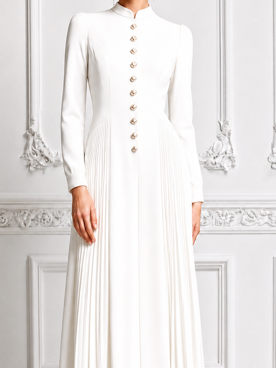 Ivory Stand Collar Gold Button Pleated A-Line Midi Dress