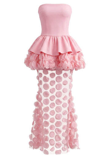Strapless Floral Peplum Maxi Dress Pink