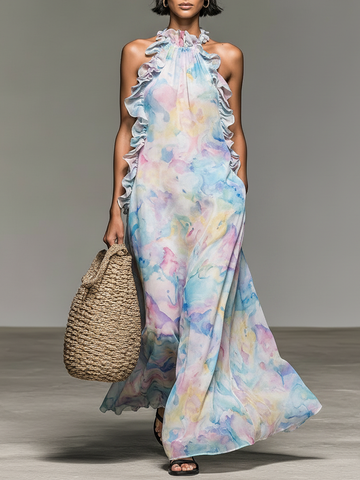 Women's Minimalist Sleeveless Ruffled Ombré Watercolor Print Chiffon Maxi Dress MDZ2314D1Y