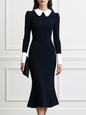 Contrast Peter Pan Collar Long Sleeve Fishtail Midi Dress
