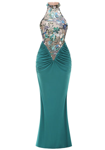 Halter Floral Sequin Embroidered Maxi Dress Green