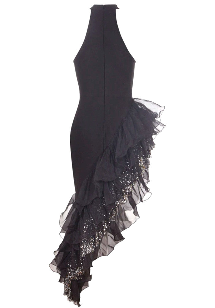 Sequin Ruffle Maxi Dress Black