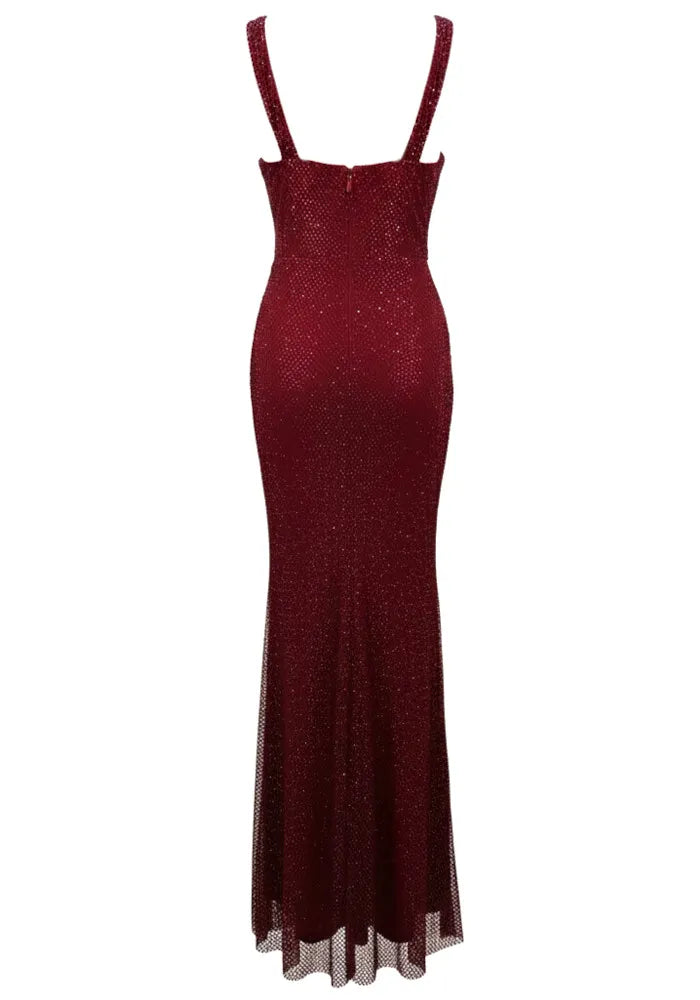 Draped Design Sparkly Maxi Dress Burgundy