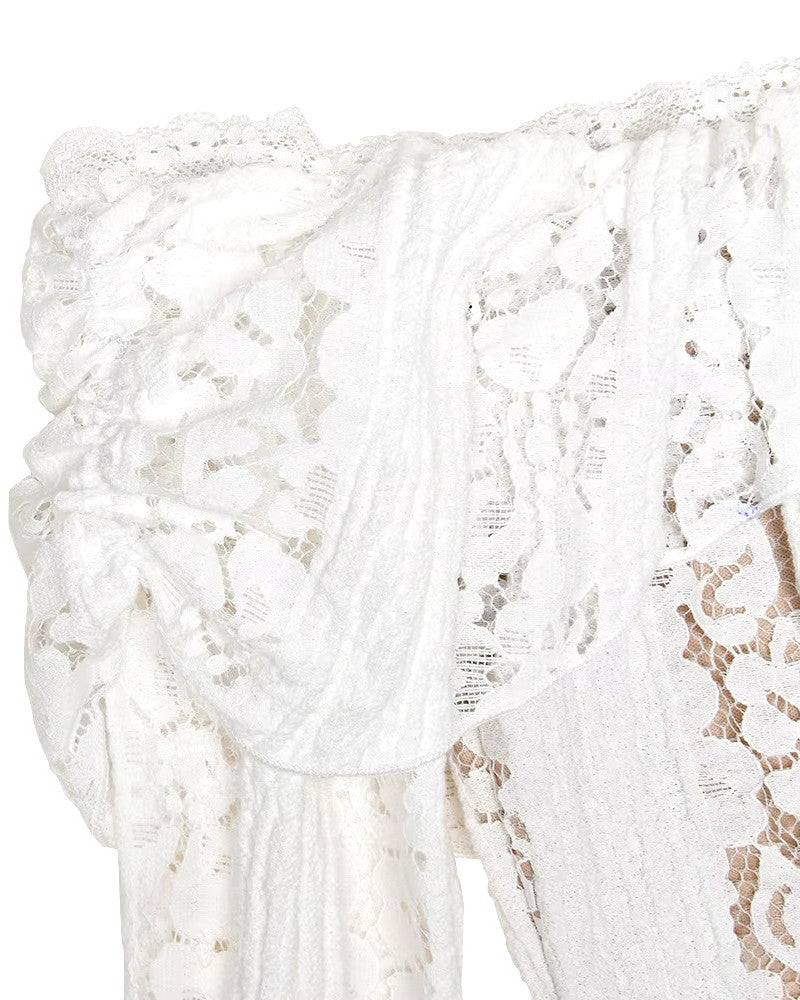 Long Sleeve Bardot Lace Insert Dress White