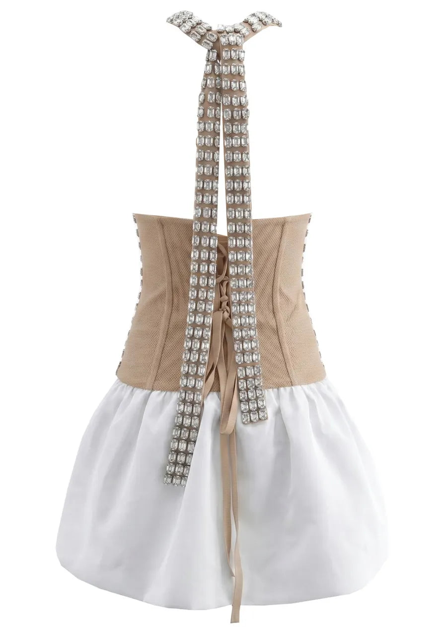 Halter Crystal Corset Bubble Dress Nude White