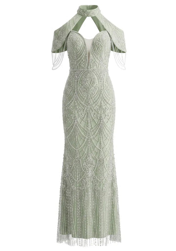 Cold Shoulder Crystal Pearl Maxi Dress Green